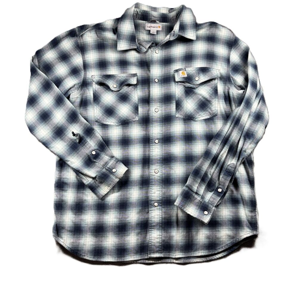 Carhartt Men Plaid Pearl Snap Shirt Button Up Relaxed Fit Blue Large P295